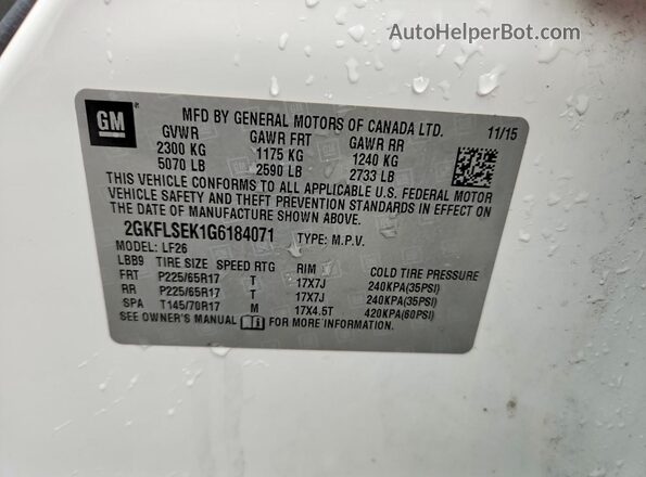 2GKFLSEK1G6184071 2016 GMC TERRAIN White Vista de la etiqueta del VIN