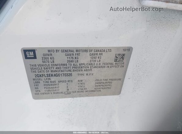 2GKFLSEK4G6170326 2016 GMC TERRAIN Белый Вид подкапотного пространства