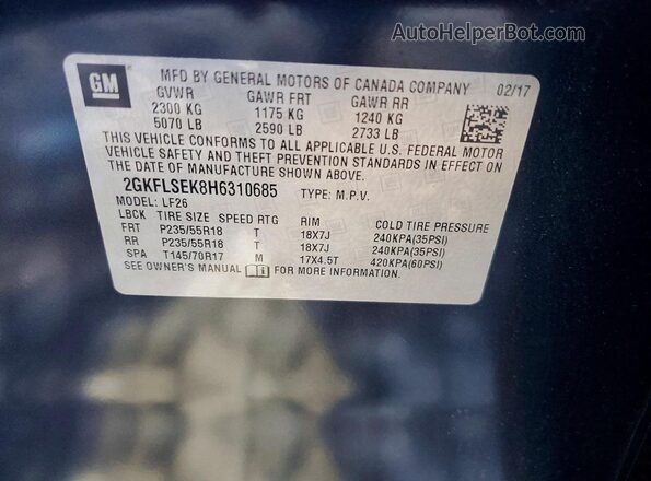 2GKFLSEK8H6310685 2017 GMC TERRAIN Blue Вид наклейки з VIN-кодом
