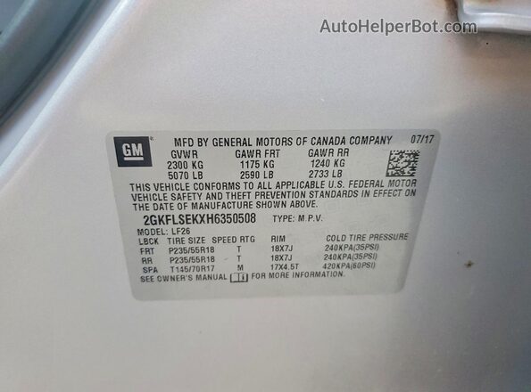 2GKFLSEKXH6350508 2017 GMC TERRAIN Silver VIN კოდის სტიკერის ხედი