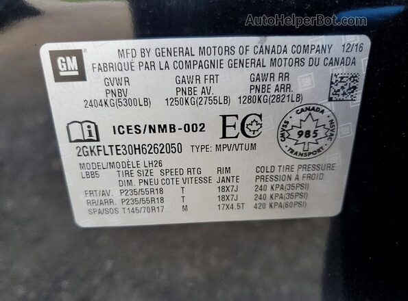 2GKFLTE30H6262050 2017 GMC TERRAIN Black Widok naklejki z numerem VIN