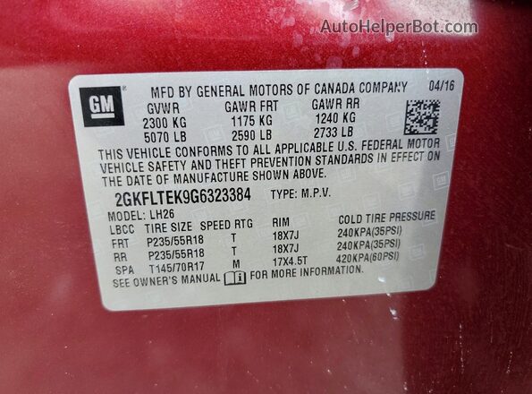 2GKFLTEK9G6323384 2016 GMC TERRAIN Red Engine compartment view