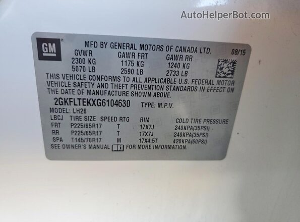 2GKFLTEKXG6104630 2016 GMC TERRAIN White Вид підкапотного простору