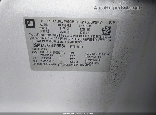 2GKFLTEKXH6196338 2017 GMC TERRAIN Silver ძრავის განყოფილების ხედი