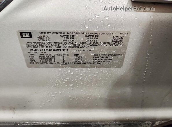 2GKFLTEKXH6326151 2017 GMC TERRAIN Silver VIN კოდის სტიკერის ხედი