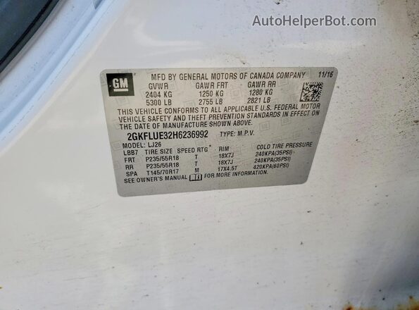 2GKFLUE32H6236992 2017 GMC TERRAIN White VIN კოდის სტიკერის ხედი
