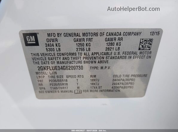 2GKFLUE34G6209730 2016 GMC TERRAIN White Vista del compartimento del motor