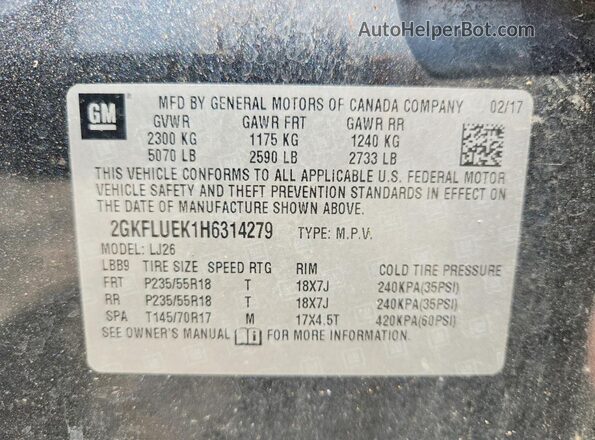 2GKFLUEK1H6314279 2017 GMC TERRAIN Угольный Панорамный вид салона 360°