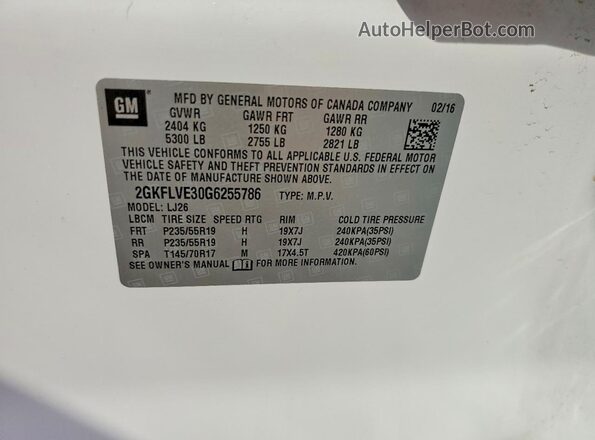 2GKFLVE30G6255786 2016 GMC TERRAIN White VIN կոդի պիտակի տեսք