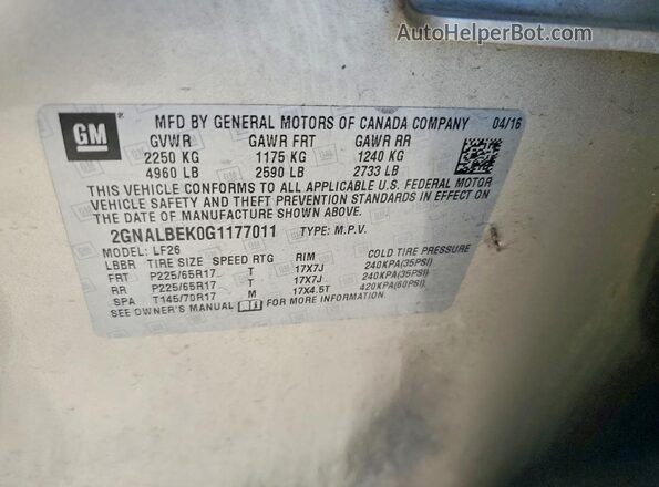 2GNALBEK0G1177011 2016 CHEVROLET EQUINOX Gold ძრავის განყოფილების ხედი