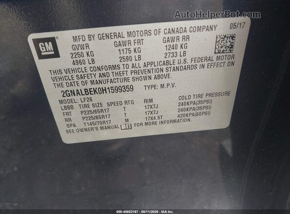 2GNALBEK0H1599359 2017 CHEVROLET EQUINOX Dark Blue ძრავის განყოფილების ხედი