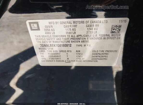2GNALBEK1G6180812 2016 CHEVROLET EQUINOX Black ძრავის განყოფილების ხედი