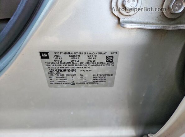 2GNALBEK1H1504985 2017 CHEVROLET EQUINOX Silver VIN կոդի պիտակի տեսք