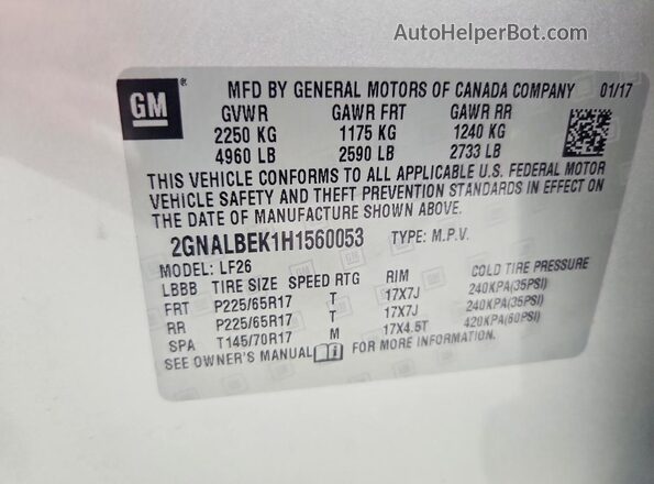 2GNALBEK1H1560053 2017 CHEVROLET EQUINOX Silver VIN კოდის სტიკერის ხედი