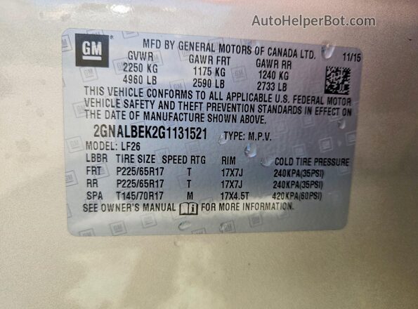 2GNALBEK2G1131521 2016 CHEVROLET EQUINOX Beige Շարժիչի բաժամունքի տեսք