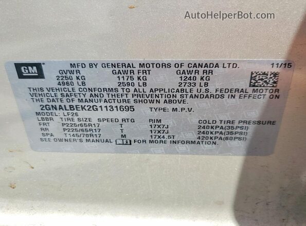 2GNALBEK2G1131695 2016 CHEVROLET EQUINOX Кремовый 