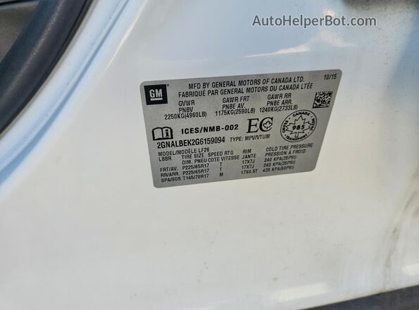 2GNALBEK2G6159094 2016 CHEVROLET EQUINOX White Widok naklejki z numerem VIN