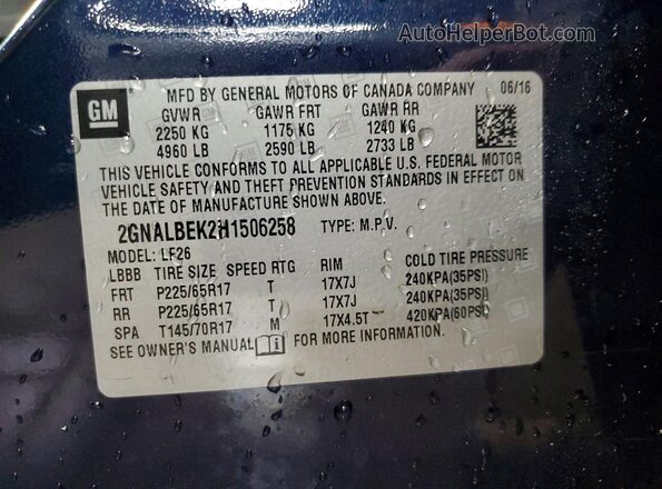 2GNALBEK2H1506258 2017 CHEVROLET EQUINOX Blue Շարժիչի բաժամունքի տեսք