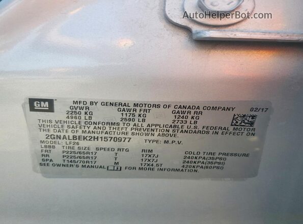 2GNALBEK2H1570977 2017 CHEVROLET EQUINOX Silver Widok naklejki z numerem VIN