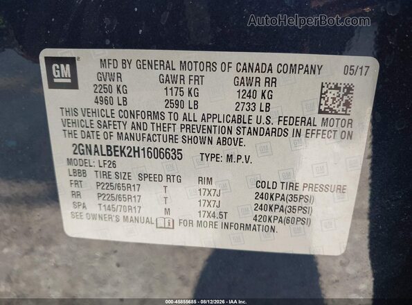 2GNALBEK2H1606635 2017 CHEVROLET EQUINOX Navy ძრავის განყოფილების ხედი