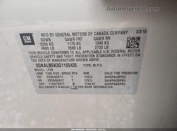 2GNALBEK3G1165435 2016 CHEVROLET EQUINOX Tan ძრავის განყოფილების ხედი