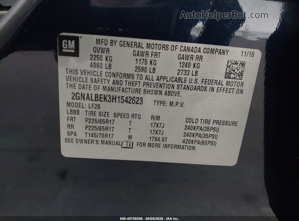 2GNALBEK3H1542623 2017 CHEVROLET EQUINOX Dark Blue Вид подкапотного пространства