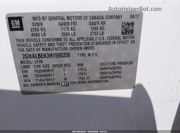 2GNALBEK3H1595256 2017 CHEVROLET EQUINOX White ძრავის განყოფილების ხედი