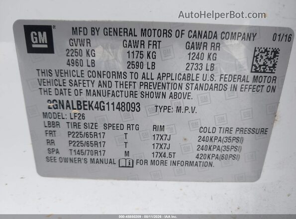 2GNALBEK4G1148093 2016 CHEVROLET EQUINOX White Widok komory silnika