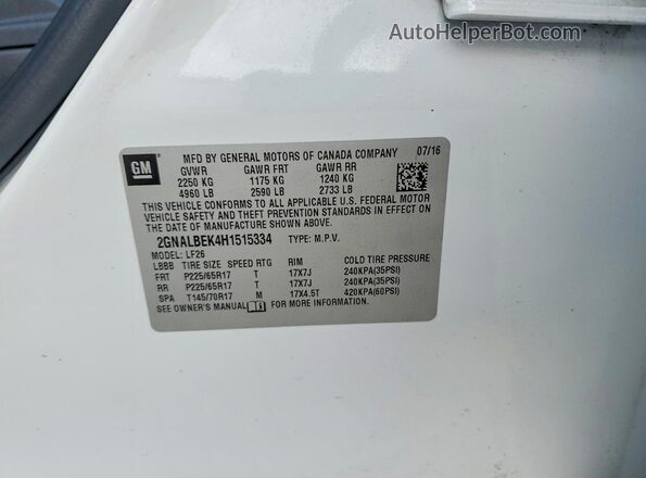 2GNALBEK4H1515334 2017 CHEVROLET EQUINOX Белый Вид наклейки с VIN-кодом