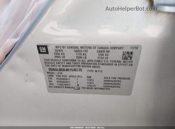 2GNALBEK4H1546776 2017 CHEVROLET EQUINOX Silver Widok komory silnika