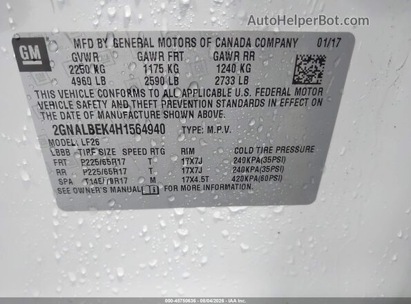 2GNALBEK4H1564940 2017 CHEVROLET EQUINOX Белый Вид подкапотного пространства