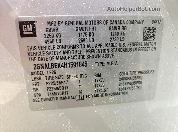2GNALBEK4H1591846 2017 CHEVROLET EQUINOX Серебряный Вид наклейки с VIN-кодом