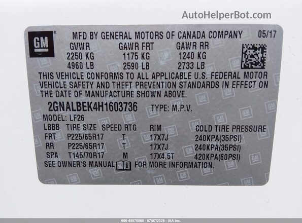 2GNALBEK4H1603736 2017 CHEVROLET EQUINOX White Widok komory silnika