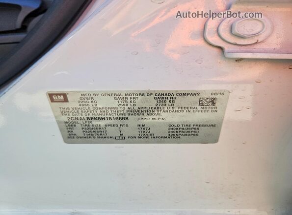 2GNALBEK5H1516668 2017 CHEVROLET EQUINOX White Вид наклейки з VIN-кодом