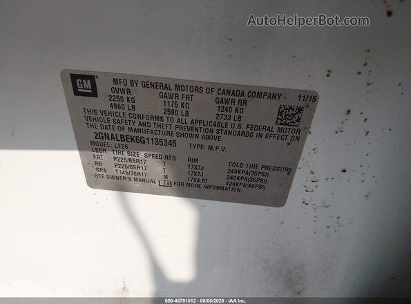 2GNALBEK6G1135345 2016 CHEVROLET EQUINOX White ძრავის განყოფილების ხედი