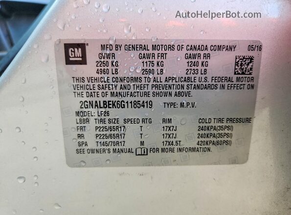 2GNALBEK6G1185419 2016 CHEVROLET EQUINOX Серебряный Панорамный вид салона 360°
