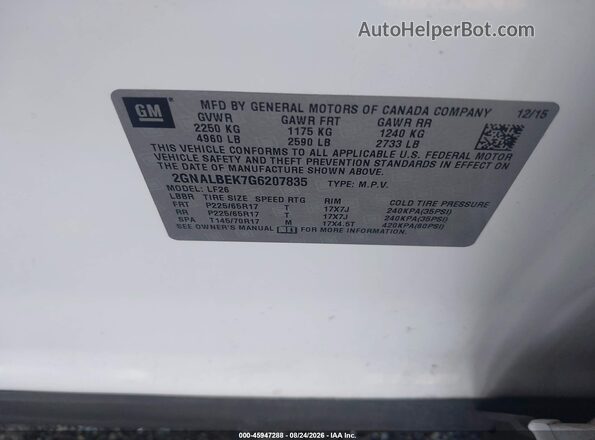 2GNALBEK7G6207835 2016 CHEVROLET EQUINOX Белый Вид подкапотного пространства