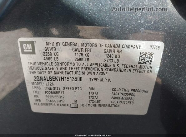 2GNALBEK7H1513500 2017 CHEVROLET EQUINOX Gray Շարժիչի բաժամունքի տեսք