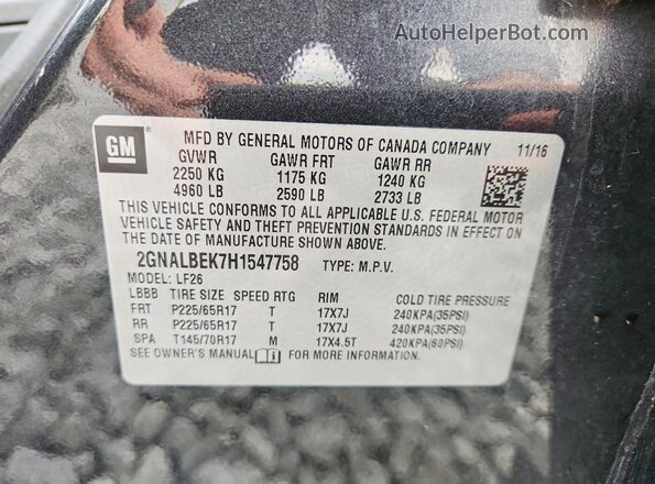 2GNALBEK7H1547758 2017 CHEVROLET EQUINOX Black VIN კოდის სტიკერის ხედი