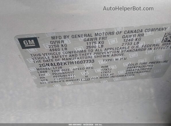 2GNALBEK7H1607733 2017 CHEVROLET EQUINOX Silver ძრავის განყოფილების ხედი
