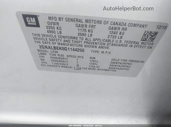 2GNALBEK8G1144290 2016 CHEVROLET EQUINOX Gray Engine compartment view