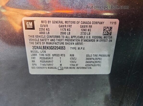 2GNALBEK9G6204063 2016 CHEVROLET EQUINOX Gray Vista de la etiqueta del VIN