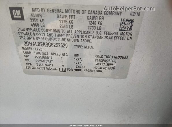 2GNALBEK9G6252629 2016 CHEVROLET EQUINOX Silver Вид підкапотного простору