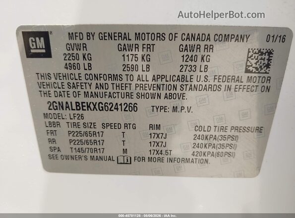 2GNALBEKXG6241266 2016 CHEVROLET EQUINOX White Вид підкапотного простору