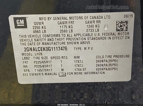 2GNALCEK0G1117476 2016 CHEVROLET EQUINOX Черный Вид подкапотного пространства