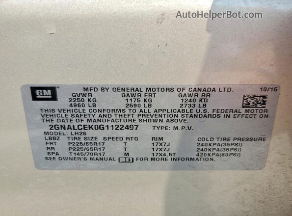2GNALCEK0G1122497 2016 CHEVROLET EQUINOX Gold Vista interior de 360 grados