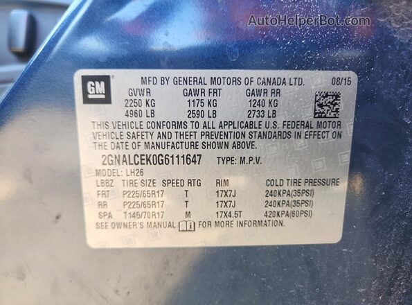 2GNALCEK0G6111647 2016 CHEVROLET EQUINOX Blue Vista de la etiqueta del VIN