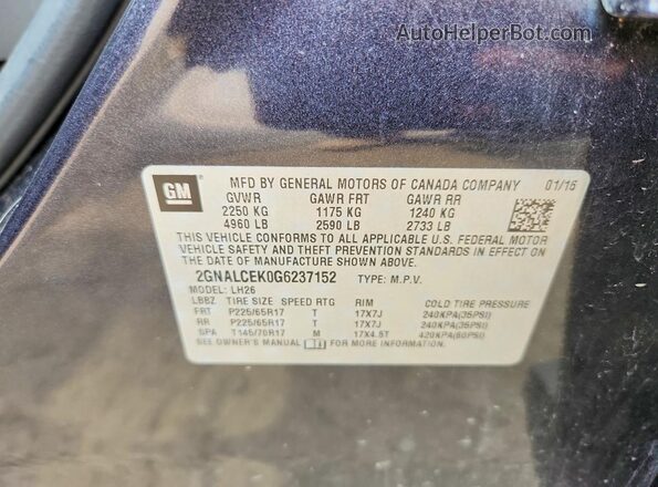 2GNALCEK0G6237152 2016 CHEVROLET EQUINOX Charcoal Вид наклейки з VIN-кодом