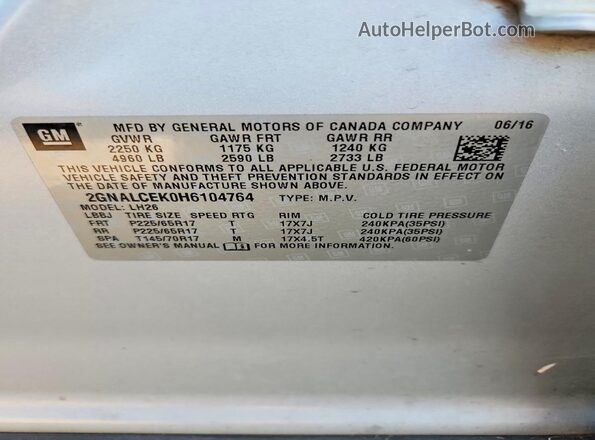 2GNALCEK0H6104764 2017 CHEVROLET EQUINOX Silver Вид наклейки з VIN-кодом