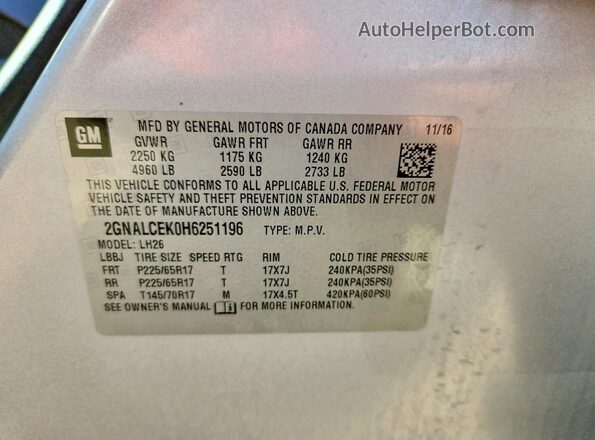 2GNALCEK0H6251196 2017 CHEVROLET EQUINOX Silver Вид наклейки з VIN-кодом